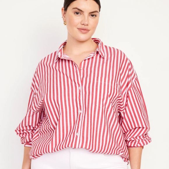 NWT OLD NAVY Oversized Button-Down BOYFRIEND Shirt Burgundy Stripe - Picture 7 of 9